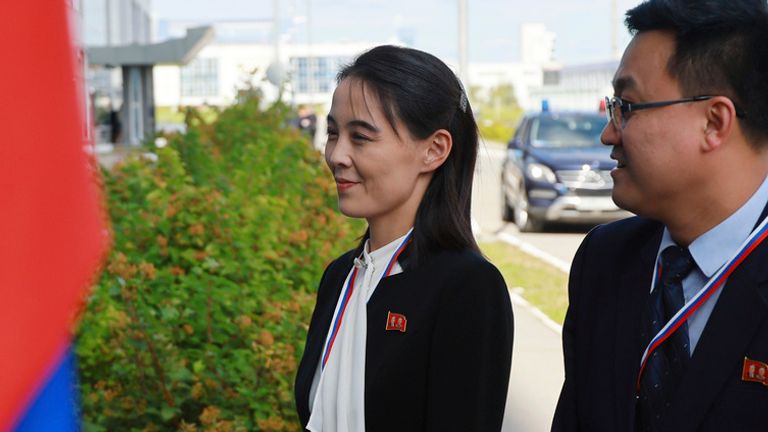Kim Yo Jong, the younger sister of North Korean leader Kim Jong Un arrives to attend a meeting of Russian President Vladimir Putin and North Korea&#39;s leader Kim Jong Un at the Vostochny cosmodrome outside the city of Tsiolkovsky, about 200 kilometers (125 miles) from the city of Blagoveshchensk in the far eastern Amur region, Russia, on Wednesday, Sept. 13, 2023. (Vladimir Smirnov, Sputnik, Kremlin Pool Photo via AP)