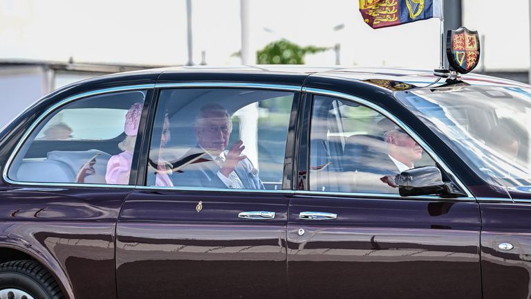 Britain&#39;s King Charles and Britain&#39;s Queen Camilla travel in a royal vehicle upon their arrival at the Orly Airport on September 20, 2023, on the first day of a state visit to France. Britain&#39;s King Charles III and his wife Queen Camilla are on a three-day state visit to France. MIGUEL MEDINA/Pool via REUTERS