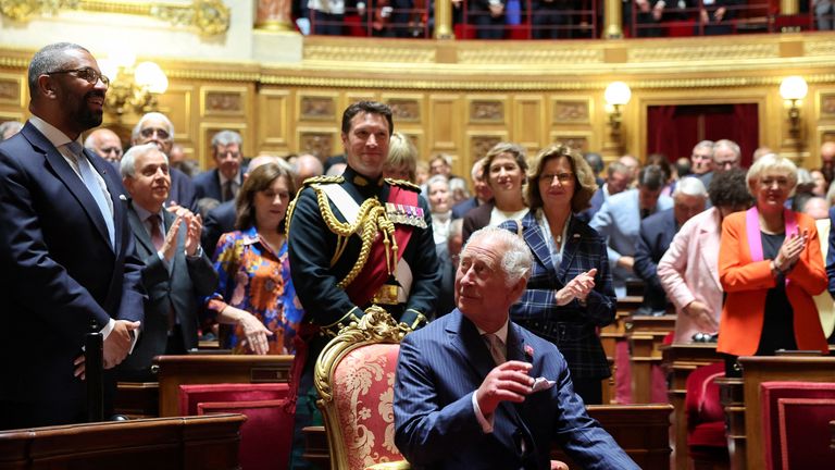 Britain&#39;s King Charles prepares to address Senators and members of the National Assembly at the French Senate in Paris, France September 21, 2023. Britain&#39;s King Charles III and his wife Queen Camilla are on a three-day state visit starting on September 20, 2023, to Paris and Bordeaux, six months after rioting and strikes forced the last-minute postponement of his first state visit as king. EMMANUEL DUNAND/Pool via REUTERS
