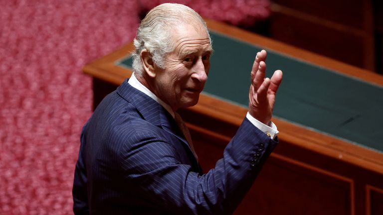 Britain&#39;s King Charles waves to members of parliament after he deliverd his speech at the French Senate in Paris, on the second day of his State visit to France, September 21, 2023. REUTERS/Benoit Tessier