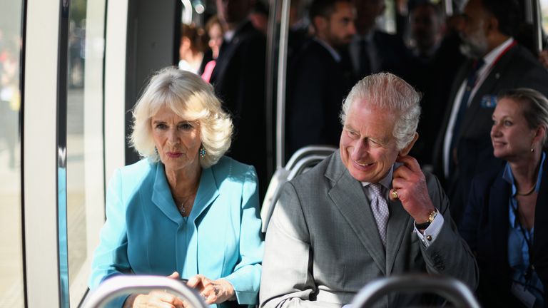 King Charles and Queen Camilla travel by electric tram to a reception at Place de la Bourse in Bordeaux