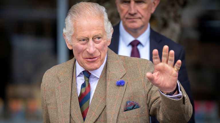 Britain&#39;s King Charles visits the Discovery Centre and Auld School Close in Tomintoul, Britain September 13, 2023. Jane Barlow/Pool via REUTERS