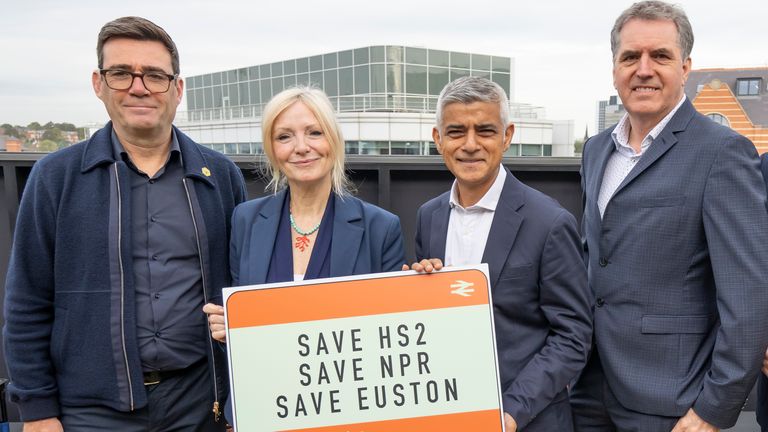 Labour mayors (left to right) Andy Burnham Mayor of Greater Manchester, Tracy Brabin Mayor of West Yorkshire, Sadiq Khan Mayor of London and Steve Rotheram Mayor of the Liverpool City Region, gather at Arcadis in Leeds, to make a unified plea to the Prime Minister not to scale back HS2 any further, ahead of a Transport for the North board meeting. Picture date: Wednesday September 27, 2023.