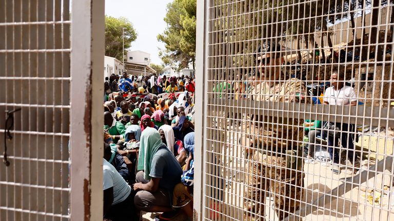 Migrants at a reception centre on the Italian island of Lampedusa