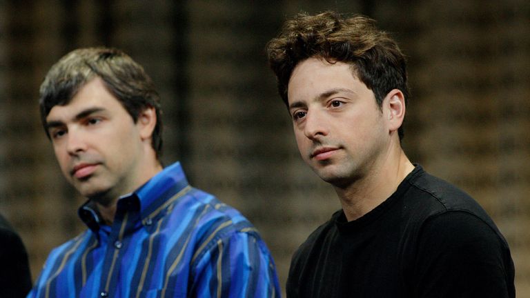 Google co-founders Larry Page (L) and Sergey Brin listen to questions from the [media] during a news conference at Google headquarters in Mountain View, California May 10, 2006. Google faces mounting competition in the Internet search [advertising market, but expects such battles to drive up prices and increase revenues across the entire industry.]