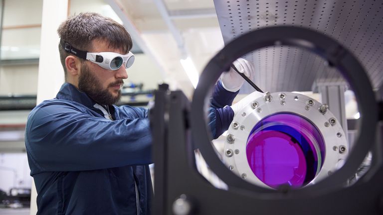 Title: Scientist working on the VOPPEL beamline in Vulcan
Description: VOPPEL beamline ((Vulcan OPcpa PEtawatt Laser), 2022. VOPPEL is the newest addition to the Vulcan laser pre-upgrade to Vulcan 20-20, and will remain as part of the upgrade.
Credit: Fisher Studios
