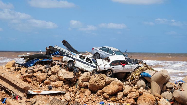 A view shows damaged cars, after a powerful storm and heavy rainfall hit Libya, in Derna, Libya