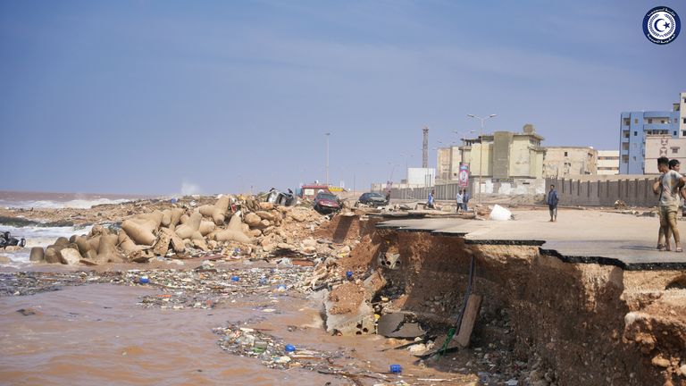 A collapsed seaside road after heavy flooding in Derna. Pic: Libyan government via AP