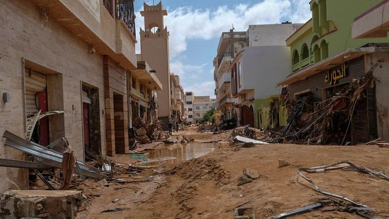 A view shows a damaged street, after a powerful storm and heavy rainfall hit Libya, in Derna, Libya September 12, 2023. REUTERS/Esam Omran Al-Fetori BEST QUALITY AVAILABLE
