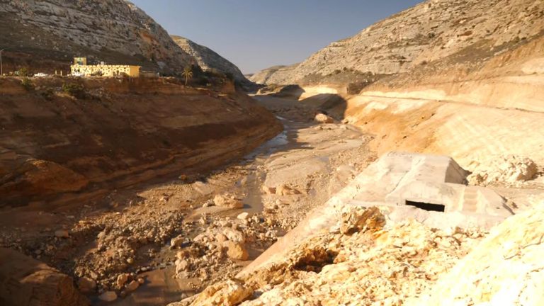 The scene at one of the dams that collapsed in heavy rains and sent a massive flood gushing into the eastern Libyan port city