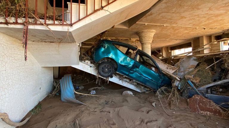 A view shows a damaged car, following a powerful storm and heavy rainfall hitting the country, in Derna, Libya September 13, 2023. REUTERS/Esam Omran Al-Fetori