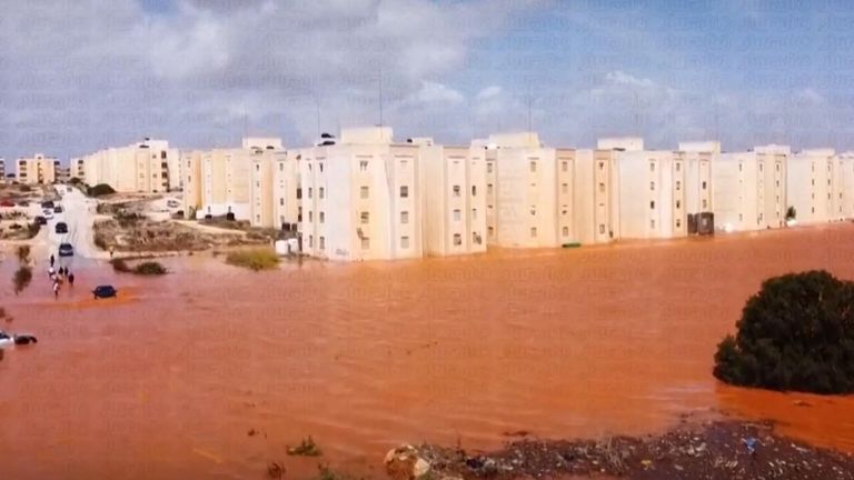 Streets a flooded after storm Daniel in Marj, Libya, Monday, Sept. 11, 2023. The head of one of Libya’s rival governments says that 2,000 people are feared dead in flooding that swept through the eastern parts of the north African nation. (Libya Almasar TV via AP)