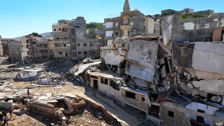 Damaged areas and buildings, in the aftermath of the floods in Derna, Libya