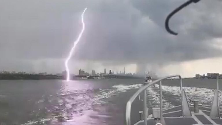 A US Coast Guard boat captured a lightning strike while sailing into New York City. Credit: US Coast Guard Station Yaquina Bay