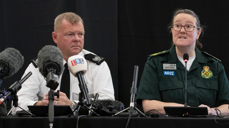 (Left to right) Mark Thomas, Area Manager, Head of Prevention, Merseyside Fire and Rescue service and Joanne Clague, Area Director North West Ambulance Service at a press conference at Birkenhead Town Hall following a coach crash on the M53 motorway, between junction 5 at Ellesmere Port and junction 4 at Bebbington. The coach was carrying schoolchildren to Calday Grange Grammar School and West Kirby Grammar school for girls. Picture date: Friday September 29, 2023.