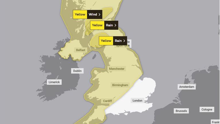 Yellow warnings for strong winds and heavy rain are in place from Wednesday to Thursday. Pic: Met Office