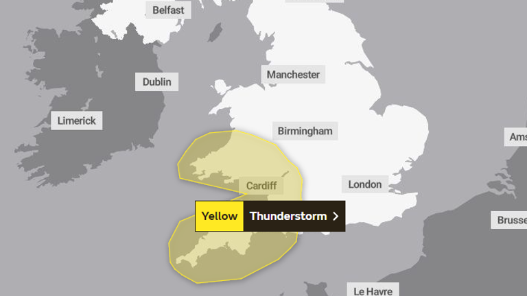 A yellow weather warning is in place for the south west of England and South Wales for thunderstorms for the Met Office . Sunday, 17 September, 2023.