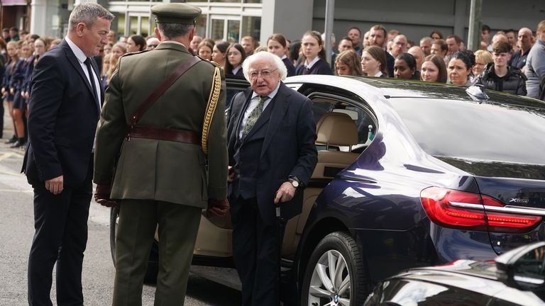 President Michael D. Higgins arrives for the funeral of crash victims, siblings Luke, 24, and Grace McSweeney, 18, at Saints Peter and Paul&#39;s Church, Clonmel, Co. Tipperary. Picture date: Friday September 1, 2023.