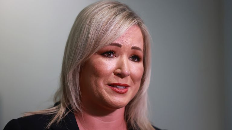 Sinn Fein Stormont leader Michelle O&#39;Neill speaking to the media during the Northern Ireland Investment Summit 2023 at the ICC, Belfast. Picture date: Wednesday September 13, 2023.