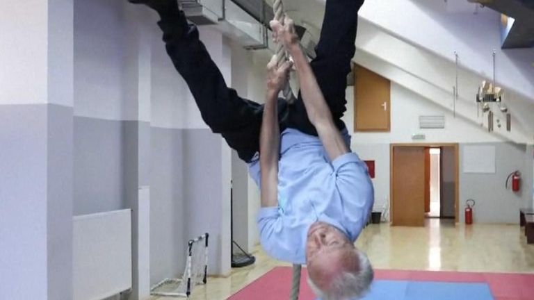Mladen Todorovic is 95 years old and enjoys hanging uoside down on ropes