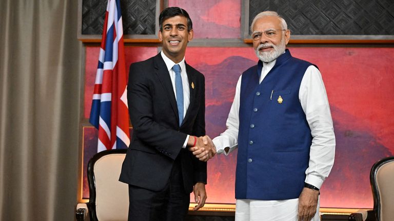 British Prime Minister Rishi Sunak and India&#39;s Prime Minister Narendra Modi hold a bilateral meeting on November 16, 2022 in Nusa Dua, Indonesia. Leon Neal/Pool via REUTERS