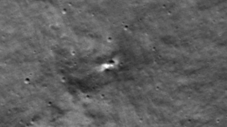 LROC NAC image enlarged four times centered on the likely Luna 25 crater. Image width is 275 meters; north is up. (Frame No. M1447547309R)
Credits: NASA&#39;s Goddard Space Flight Center/Arizona State University
