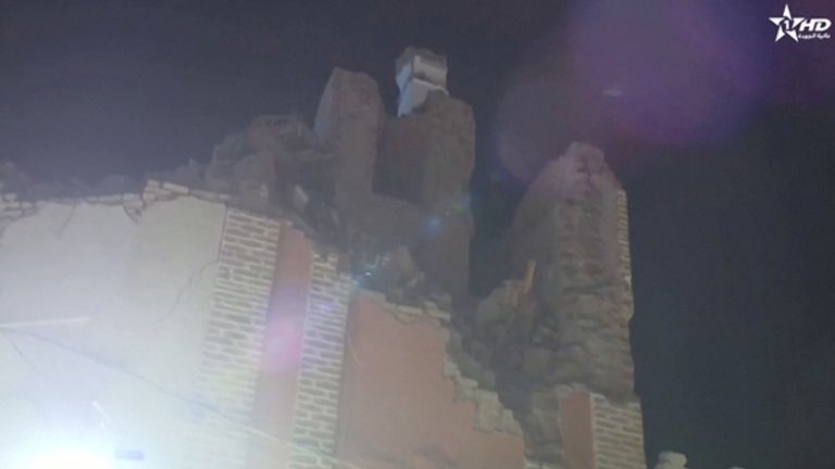 View of a damaged building in the aftermath of the earthquake in Marrakech, Morocco, September 9, 2023 in this screen grab from a video. Al Oula TV/Handout via REUTERS THIS IMAGE HAS BEEN SUPPLIED BY A THIRD PARTY. NO RESALES. NO ARCHIVES. MANDATORY CREDIT. MOROCCO OUT. NO COMMERCIAL OR EDITORIAL SALES IN MOROCCO