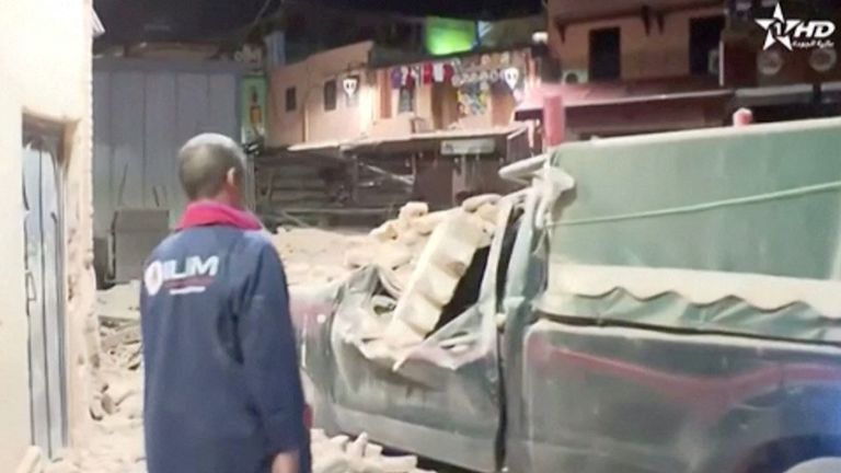 View of rubble from the earthquake in Marrakech, Morocco September 9, 2023 in this screen grab taken from a video. Al Oula TV/Handout via REUTERS THIS IMAGE HAS BEEN SUPPLIED BY A THIRD PARTY. NO RESALES. NO ARCHIVES. MANDATORY CREDIT. MOROCCO OUT. NO COMMERCIAL OR EDITORIAL SALES IN MOROCCO