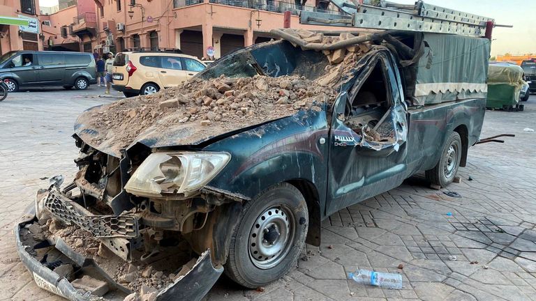 A damaged vehicle is pictured in the historic city of Marrakech, following a powerful earthquake in Morocco, September 9, 2023. REUTERS/Abdelhak Balhaki