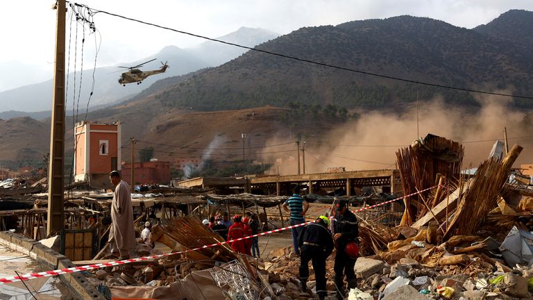 A military helicopter leaves the area in the aftermath of a deadly earthquake in Talat N&#39;Yaaqoub, in Morocco September 12, 2023. REUTERS/Hannah McKay
