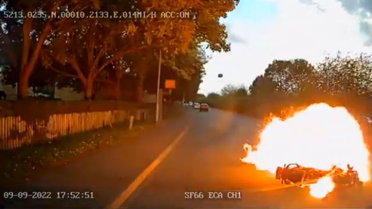 Stavius Gordon&#39;s KTM motorcycle smashed into a silver Audi car as it turned off Ditton Lane in Cambridge in September last year. Pic: Cambridgeshire Constabulary