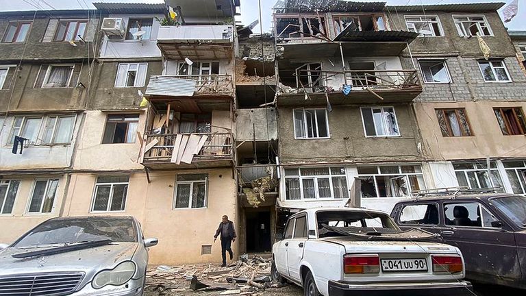 A damaged residential apartment building in Stepanakert, Nagorno-Karabakh. Pic: AP