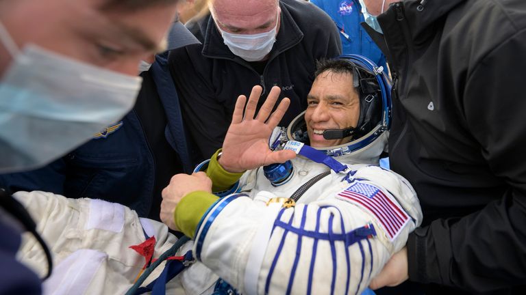 NASA astronaut Frank Rubio is helped out of the Soyuz MS-23 spacecraft just minutes after he and Russian cosmonauts Sergey Prokopyev and Dmitri Petelin, landed in a remote area near the town of Zhezkazgan, Kazakhstan on Wednesday, Sept. 27, 2023.  The extended mission means that Rubio now holds the record for longest spaceflight by an American. (Bill Ingalls/NASA via AP)