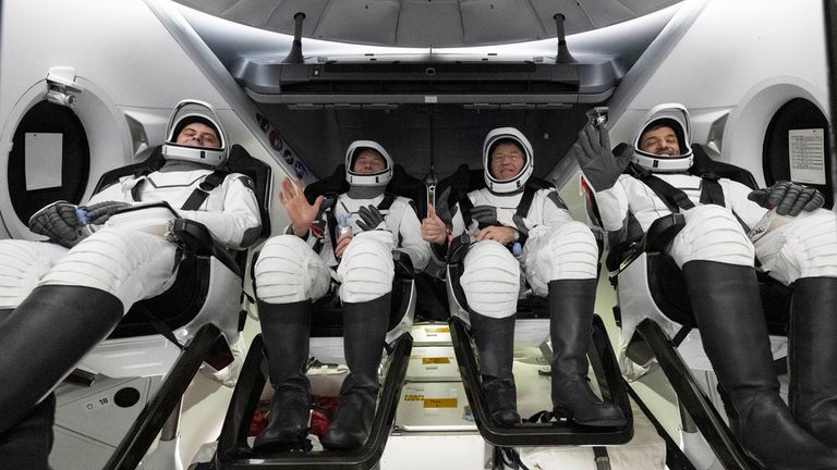 Left to right: Russian astronaut Andrei Fedyaev, NASA astronauts Warren "Woody" Hoburg and Stephen Bowen, and United Arab Emirates astronaut Sultan al-Neyadi, shortly after landing. Pic: AP