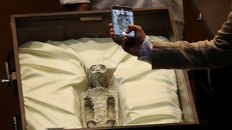 Remains of an allegedly &#39;non-human&#39; being is seen on display during a briefing on unidentified flying objects, known as UFOs, at the San Lazaro legislative palace, in Mexico City, Mexico September 12, 2023. REUTERS/Henry Romero