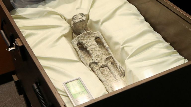 Remains of an allegedly &#39;non-human&#39; being is seen on display during a briefing on unidentified flying objects, known as UFOs, at the San Lazaro legislative palace, in Mexico City, Mexico September 12, 2023. REUTERS/Henry Romero