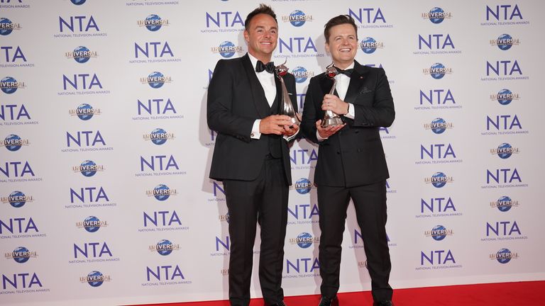 Ant McPartlin and Declan Donnelly winners of the TV Presenter award at the National Television Awards at the O2 Arena, London. Picture date: Tuesday September 5, 2023.
