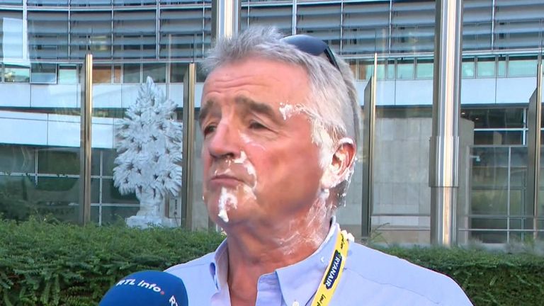 Ryanair boss Michael O&#39;Leary after getting pied in Brussels (screengrab)