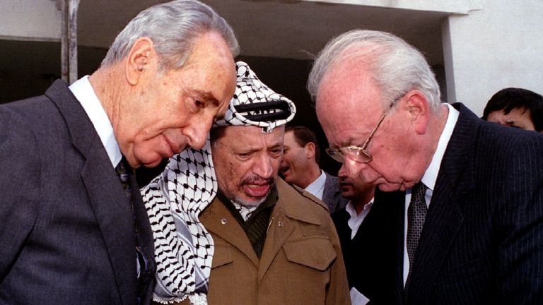 From left, Shimon Peres, Yasser Arafat and Yitzhak Rabin