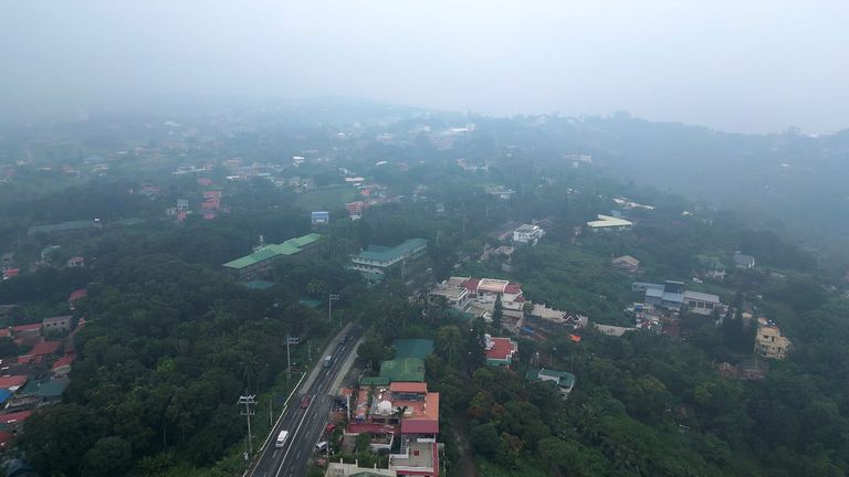 An aerial view shows the smog enveloping Tagaytay City, Cavite Province, Philippines.