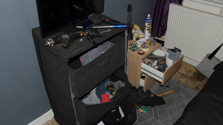 Police raided Jordan Geoghegan&#39;s family home in Erdington, Birmingham, and found shotgun cartridges and bullet casing. They also found tools needed to repurpose blank firing ammunition into lethal bullets. Pic: West Midlands Police