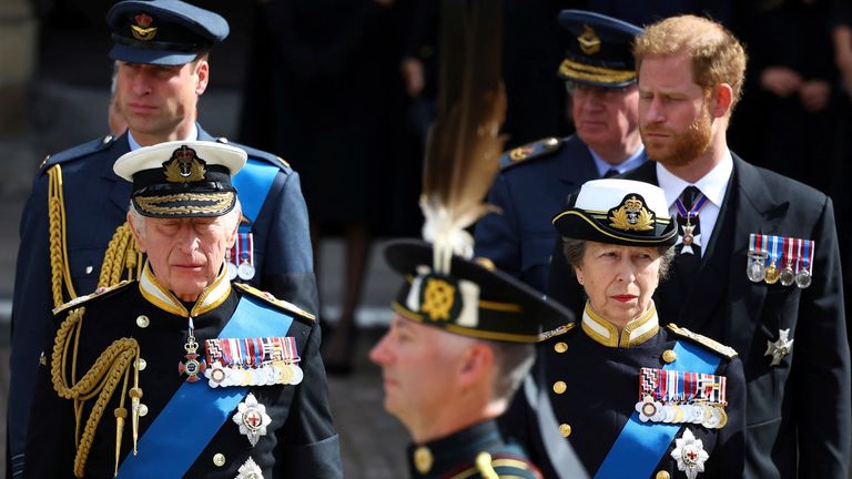 Britain&#39;s King Charles III, Princess Anne, Princess William and Prince Harry attend the state funeral and burial of Britain&#39;s Queen Elizabeth in London, Monday Sept. 19, 2022. (Hannah Mckay/Pool Photo via AP)