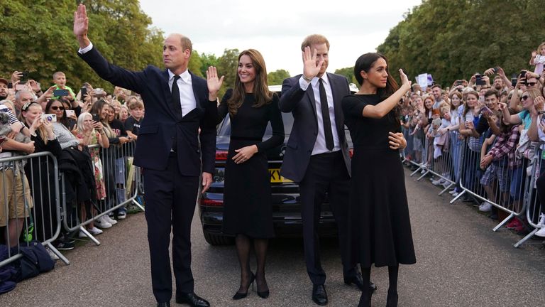 FILE - From left, Britain&#39;s Prince William, Kate, Princess of Wales, Prince Harry and Meghan, Duchess of Sussex wave to members of the public at Windsor Castle, following the death of Queen Elizabeth II on Thursday, in Windsor, England, Sept. 10, 2022. Prince Harry...s explosive memoir, with its damning allegations of a toxic relationship between the monarchy and the press, is likely to accelerate the pace of change already under way within the House of Windsor following the death of Queen Elizabeth II.  (Kirsty O&#39;Connor/Pool Photo via AP, File)