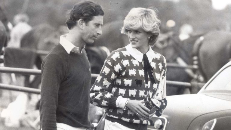 Princess Diana wearing a later version of the black sheep jumper at a polo match with the then Prince Charles in 1983