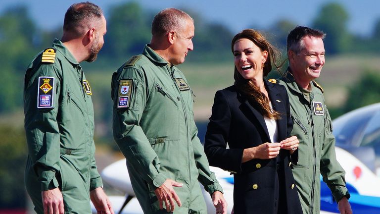 The Princess of Wales during a visit Royal Naval Air Station (RNAS) Yeovilton, near Yeovil in Somerset, one of the Royal Navy&#39;s two principal air stations and one of the busiest military airfields in the UK. Picture date: Monday September 18, 2023. PA Photo. See PA story ROYAL Kate . Photo credit should read: Ben Birchall/PA Wire