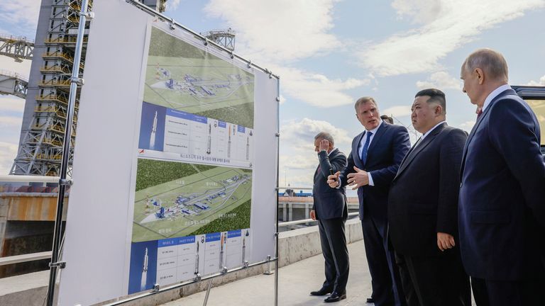 Russian President Vladimir Putin and North Korea&#39;s leader Kim Jong Un examine a launch pad of Angara rockets during their meeting at the Vostochny cosmodrome outside the city of Tsiolkovsky, about 200 kilometers (125 miles) from the city of Blagoveshchensk in the far eastern Amur region, Russia, on Wednesday, Sept. 13, 2023. (Mikhail Metzel, Sputnik, Kremlin Pool Photo via AP)