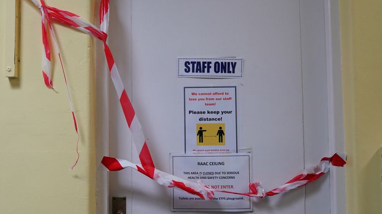 A taped-off section inside a school affected with reinforced autoclaved aerated concrete (RAAC)