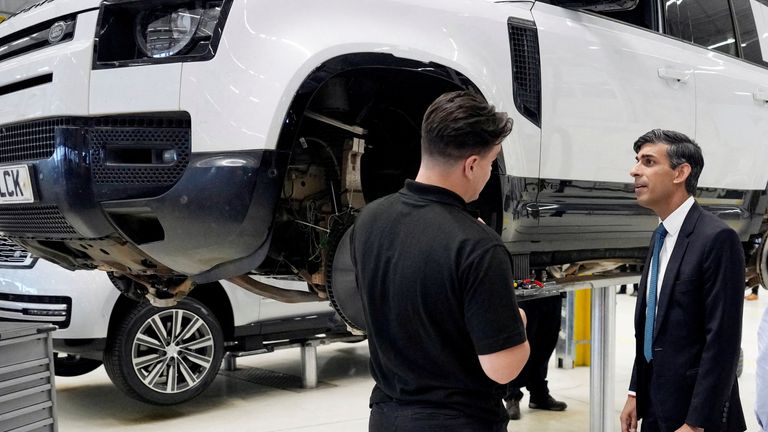 Rishi Sunak visits a Land Rover factory in July 2023