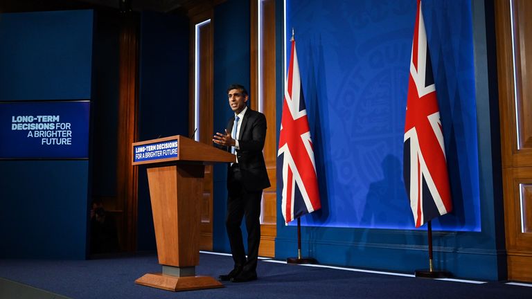 Prime Minister Rishi Sunak delivers a speech on the plans for net-zero commitments in the briefing room at 10 Downing Street, London. Picture date: Wednesday September 20, 2023.