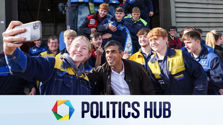  Rishi Sunak  and  students as he visits Writtle Farm 